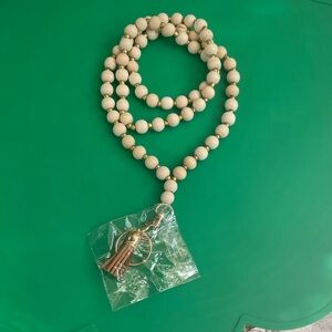 Elegant Cream wood Beaded Lanyard with Gold Accents